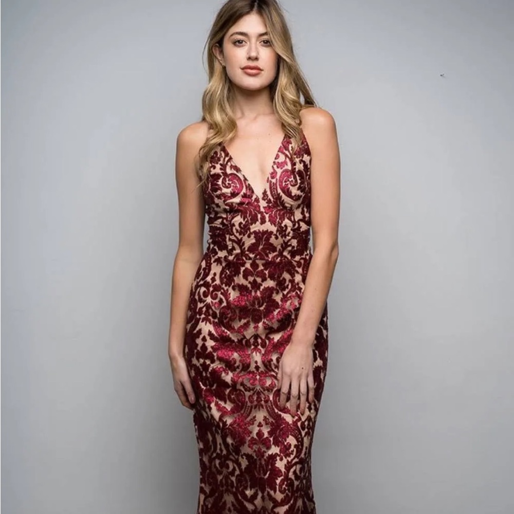 Dress The Population maroon sequins dress, size large, formal floor length
